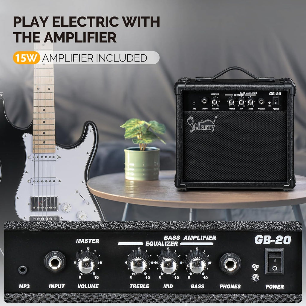 GLARRY Electric Guitar, 39' Full Size Electric Guitar Kit with HSS Pickup Coil Split for Beginner, 20W Amp and Accessories Pack Guitar Bag (Black)