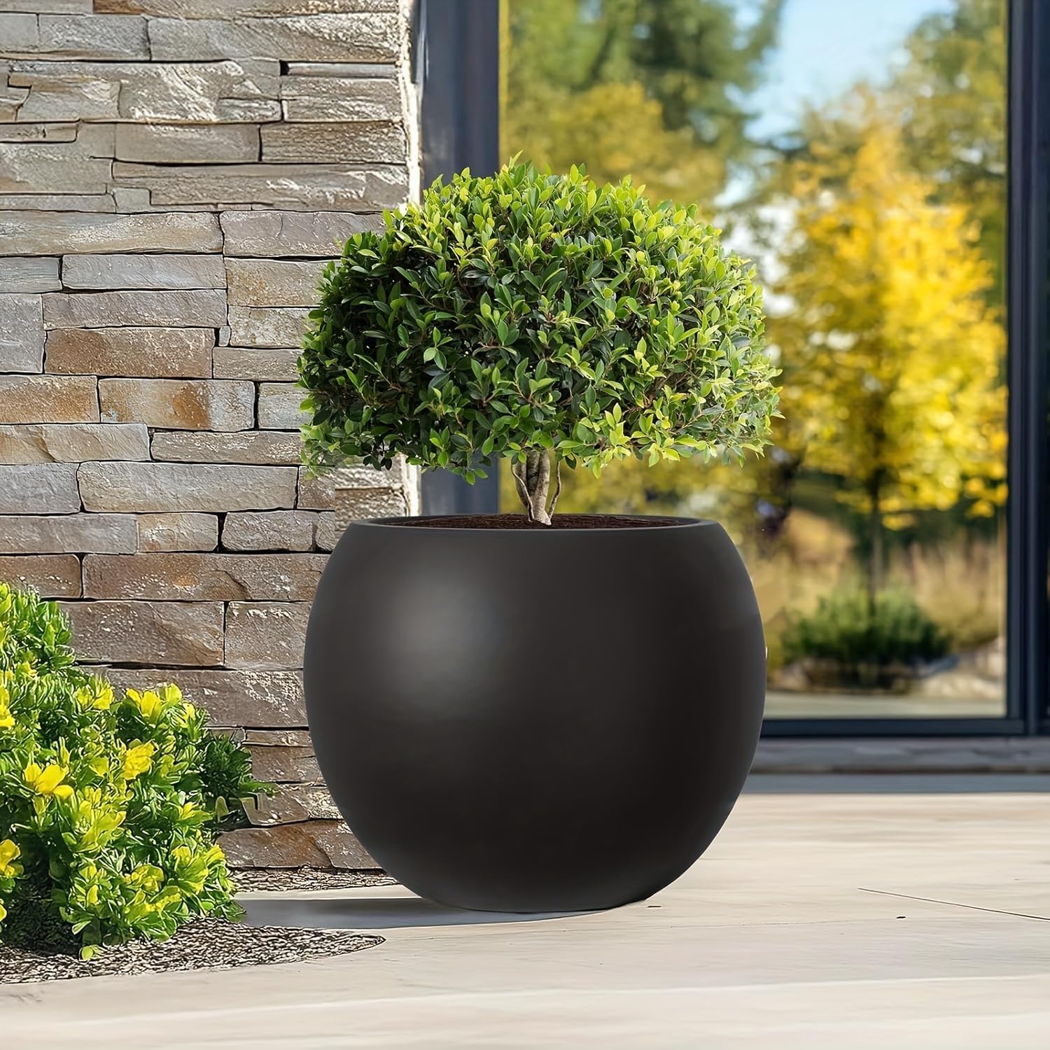 Panlaolao 17 H x 21' Dia (15' Pot Opening) Round Fiberstone Planter with Drainage Hole, Black, Indoor/Outdoor Large Plant Pot for Home Patio Garden, Planter for Christmas Tree, Ideal for Large Plants