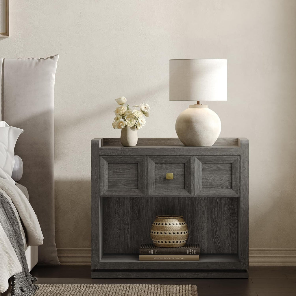 SICOTAS Night Stand Set 2, 26' Wide Nightstands with Drawer, Large Queen Size Nightstands Set of 2, Modern Bedside Table for Bedroom, Side End Table (Dark Grey Oak, 26-Inch)