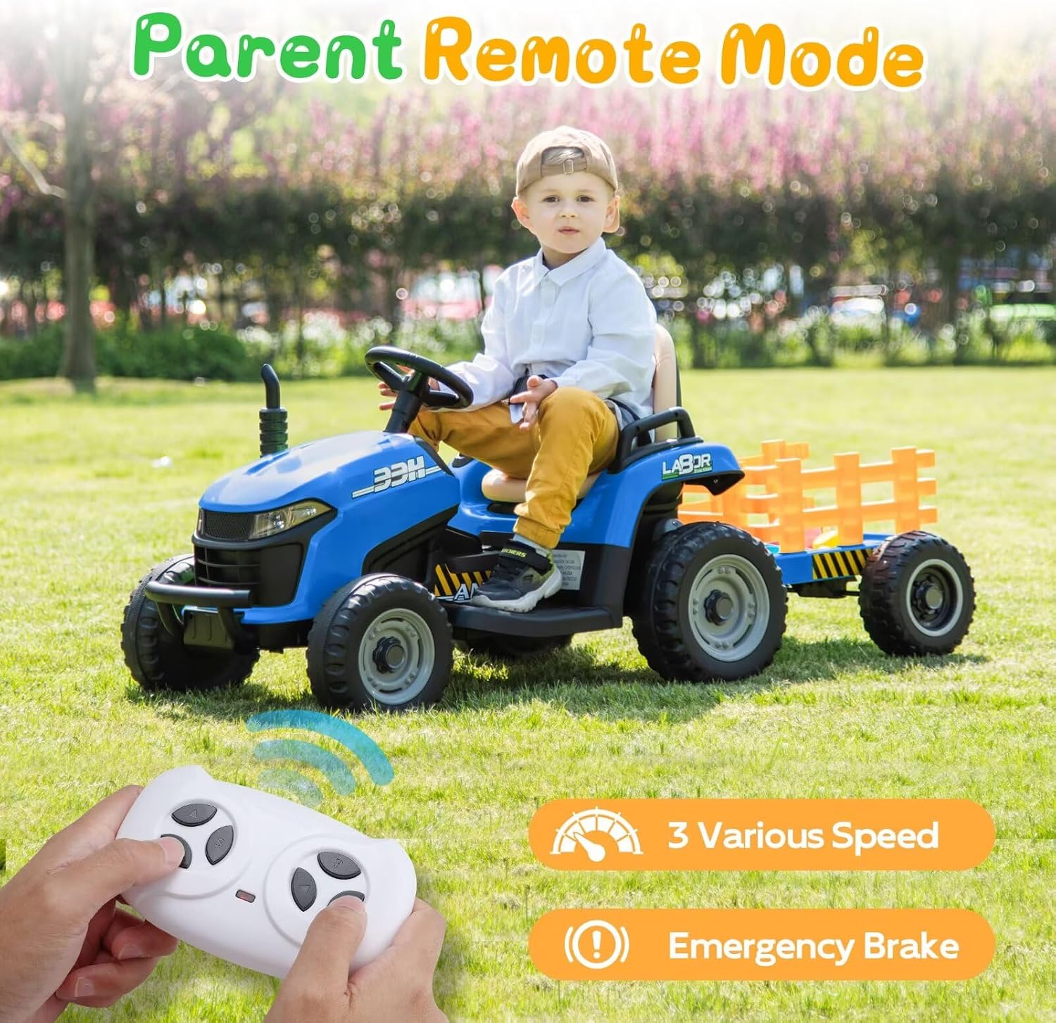 ANPABO 24V Ride On Tractor w/Tiltable & Detachable Trailer, EVA Tires, Up to 4.3Mph, Ride On Toys with Parental Remote, Realistic Tractor Sound & Chimney, Music Player, LED Light, Blue