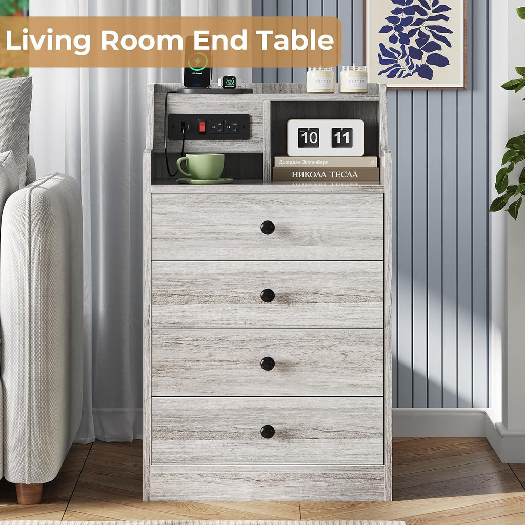 ADORNEVE Night Stand Set 2,Grey Nightstand with Charging Station & Hutch,Night Stands for Bedrooms Set of 2,Bedside Table with 4 Drawers