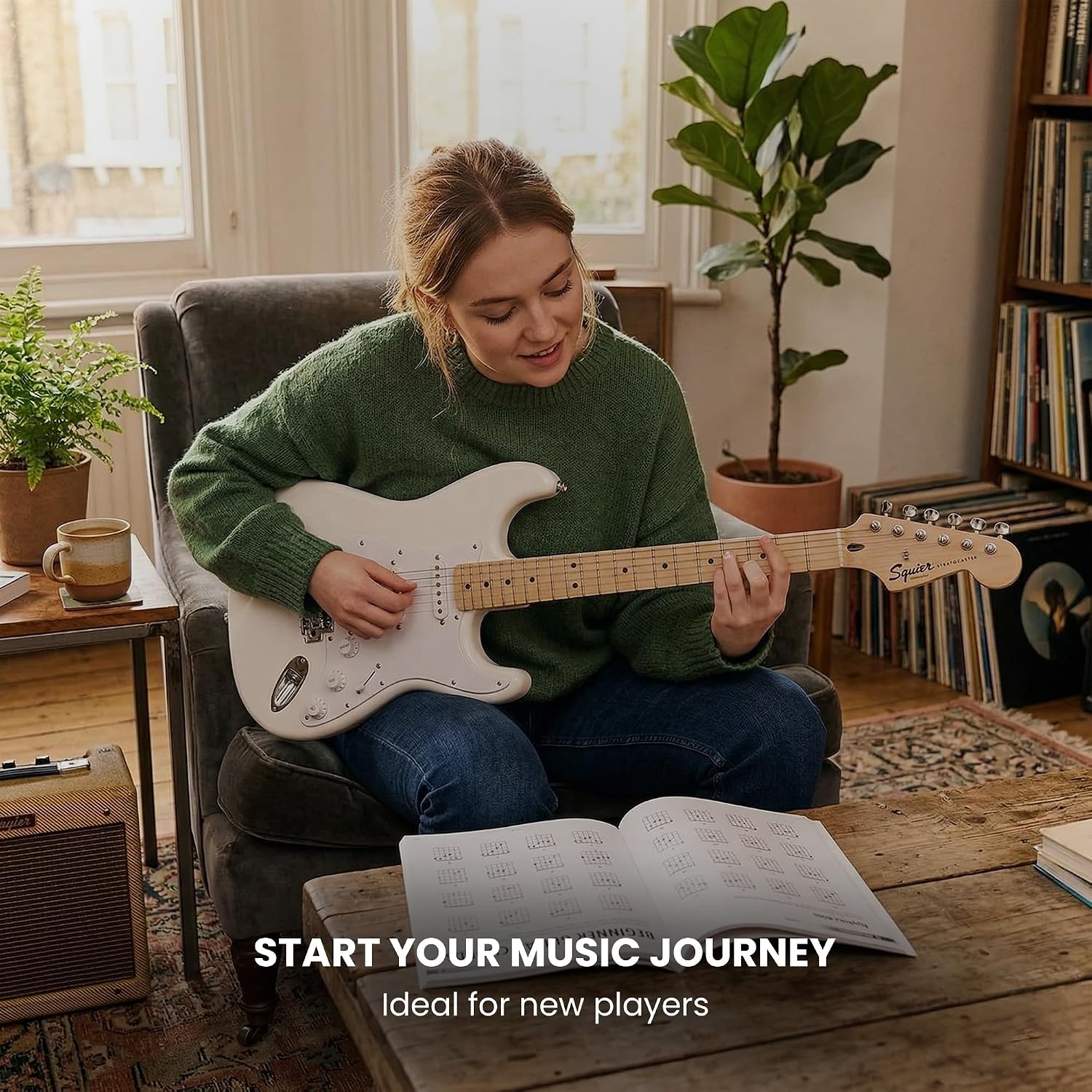 Fender Squier Sonic Stratocaster HT - Arctic White Bundle with Frontman 10G Amp, Instrument Cable, Tuner, Strap, Picks, and Austin Bazaar Instructional DVD