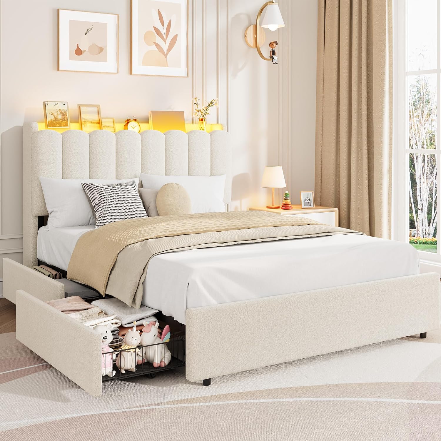 Garvee LED Full Size Bed Frame with Storage Headboard, Kids Bed Frame with 2 Drawers, Boucle Upholstered Platform Bed for Girls, Chic Wavy Headboard with Bookcase, No Box Spring Needed, White