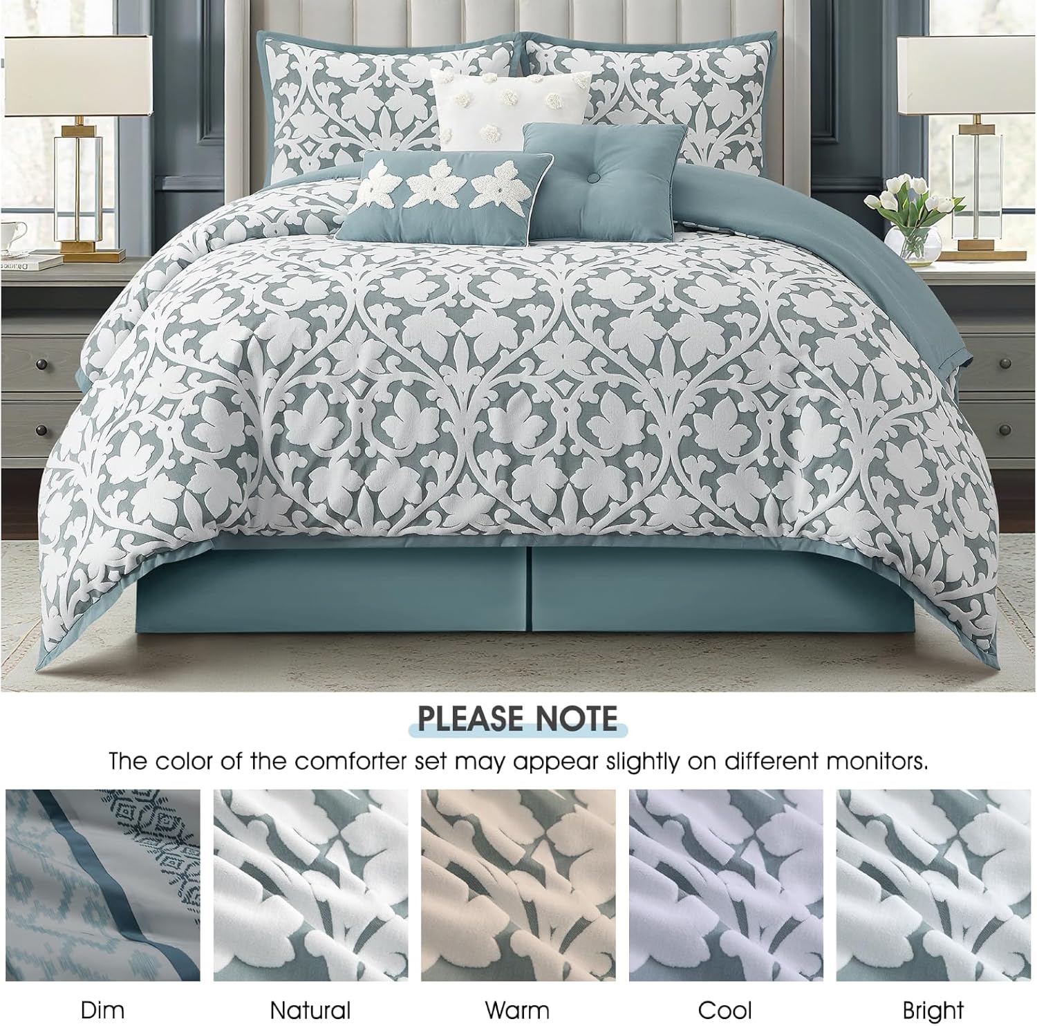 LANCO MODERN LIFESTYLE 7 Pieces Comforter Set, King, Blue, Jacquard Floral Pattern and Classy Damask Medallion Design, Ultra Soft, Includes Bed Skirt, Shams, and Decorative Pillows