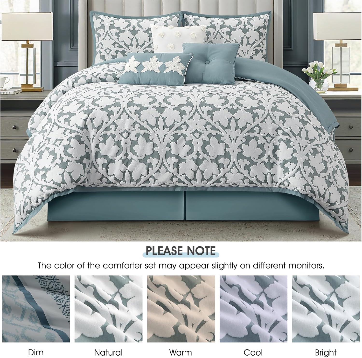 LANCO MODERN LIFESTYLE 7 Pieces Comforter Set, California King, Blue, Jacquard Floral Pattern and Classy Damask Medallion Design, Ultra Soft, Includes Bed Skirt, Shams and Decorative Pillows