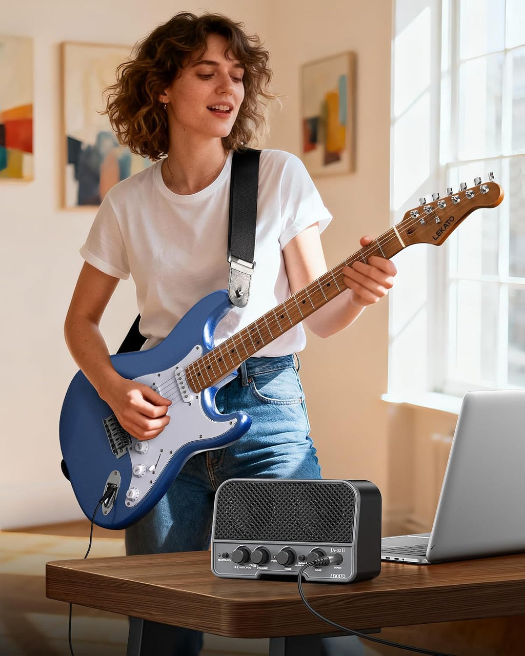 LEKATO Electric Guitar Kit Beginner 39 Inch Full Size Solid Body Guitar HSS for Starter Roasted Maple Neck Fretboard Stainless Steel Frets, 5W Mini Amp, Bag, Tuner, Capo, Strap, String, Picks- Blue