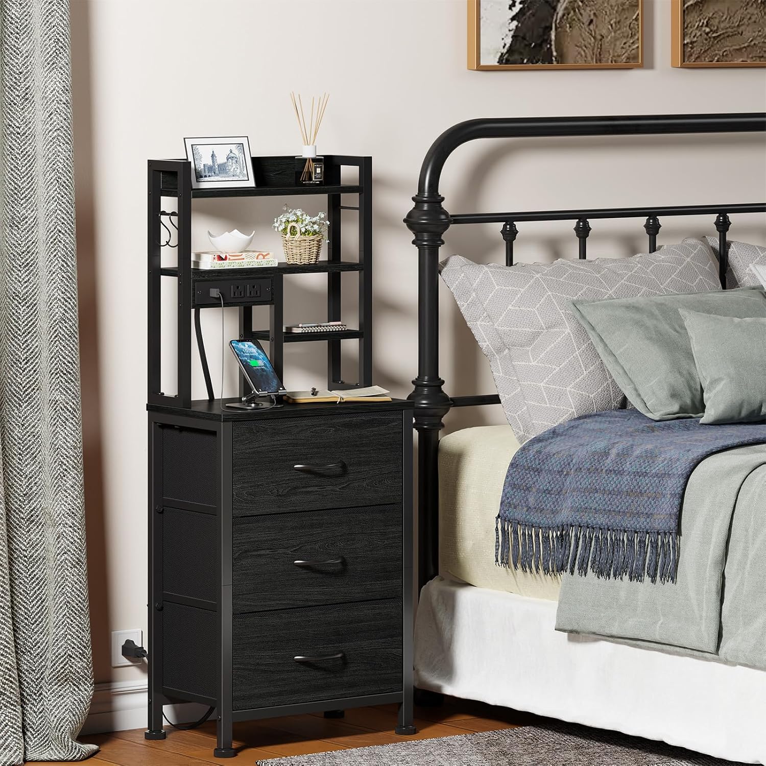 Furnulem Nightstands Set of 2, Tall Night Stand with Charger Station and USB Ports, 3 Fabric Drawers and Led Lights, Bed Side Table for Bedroom/Dorm/Office, Black Oak