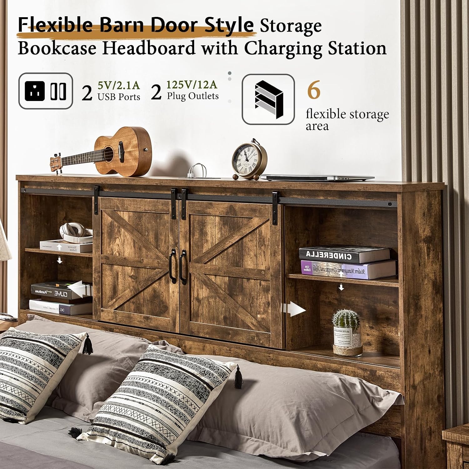 VanAcc Queen Size Bed Frame, Wooden Platform Storage Bed with 51.2' Bookcase Headboard, 2 Drawers, Charging Station/No Box Spring Needed/Noise Free(Rustic Brown)