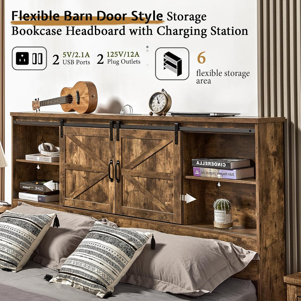 VanAcc Full Size Bed Frame, Wooden Platform Storage Bed with 51.2' Bookcase Headboard, 2 Drawers, Charging Station/No Box Spring Needed/Noise Free(Rustic Brown)