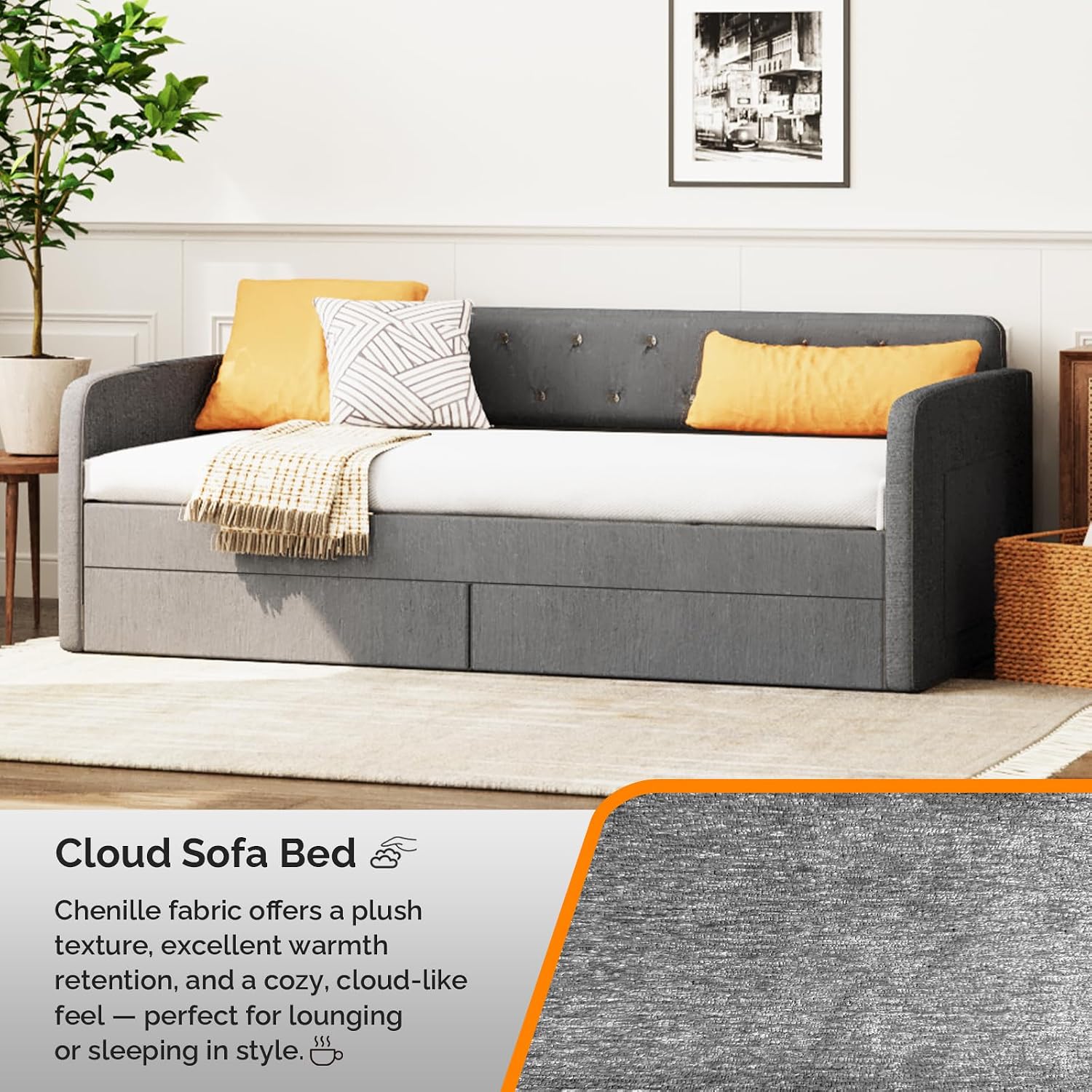 VINGLI Twin Size Daybed with 2 Storage Drawers and Pockets, Chenille Fabric with Diamond Buttons, Upholstered Comfy Sleeper Couch Sofa Bed for Living Room, Movie Room, Bedroom, Gray