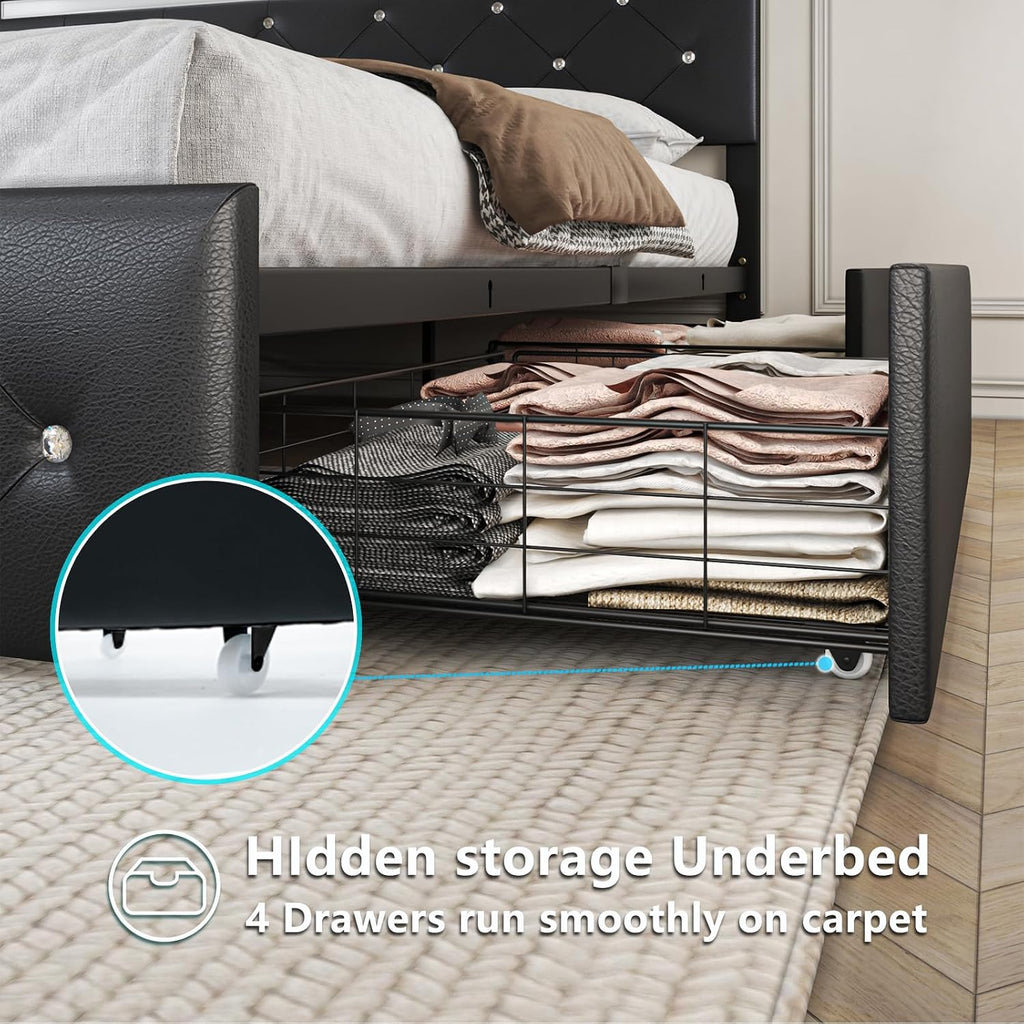 Bed Frame Queen Size with LED Light and Storage Drawers, Adjustable Headboard with PU Leather Upholstered, 2 Sockets and 2 USB Ports, No Box Spring Needed, Wooden Slats Support, Black