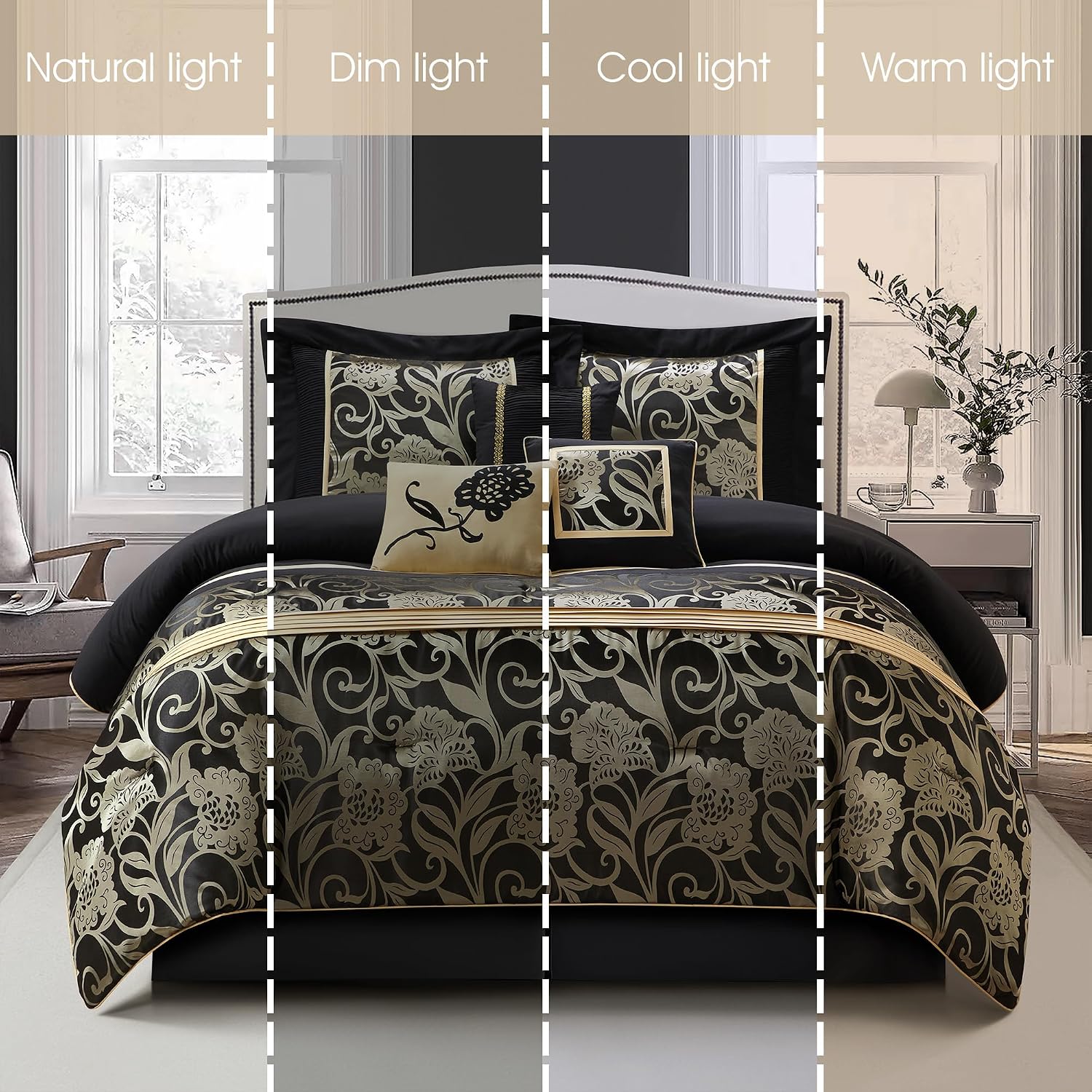 Stratford Park Jacquard 7-Piece Comforter Bedding Set Black, California King Floral Bedding Set, Matching Bedskirt, Pillows & Shams