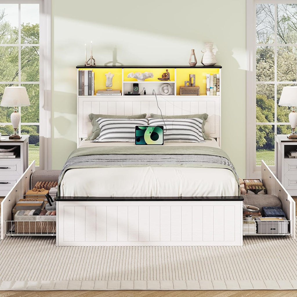 Yoobure Full Size Bed Frame with Headboard - Farmhouse Wood Bed Frames with 4 Storage Drawers, Platform Beds with Charging Station & LED Light, No Noise Double Bedframe, No Box Spring Needed, White
