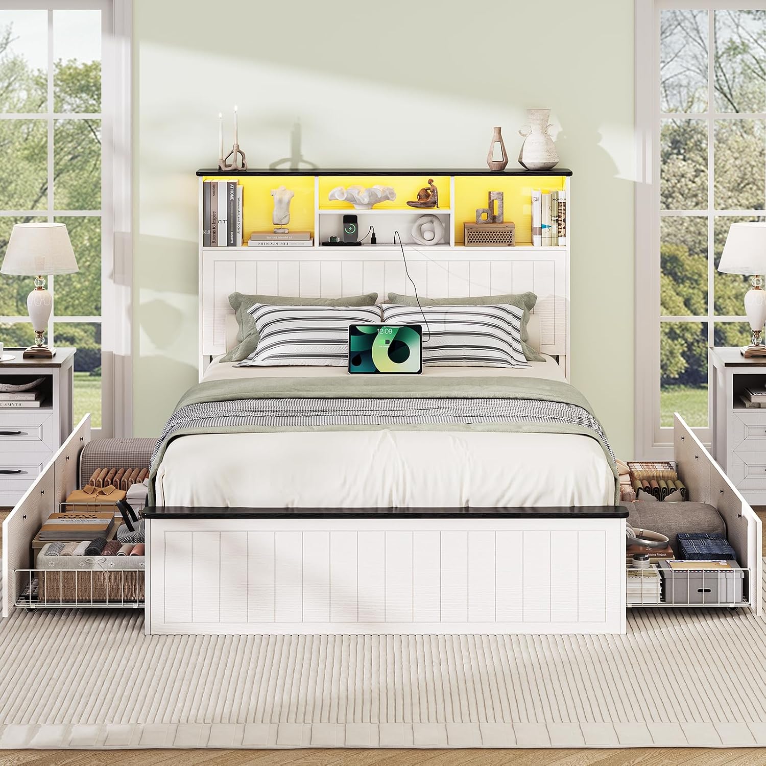 Yoobure Full Size Bed Frame with Headboard - Farmhouse Wood Bed Frames with 4 Storage Drawers, Platform Beds with Charging Station & LED Light, No Noise Double Bedframe, No Box Spring Needed, White