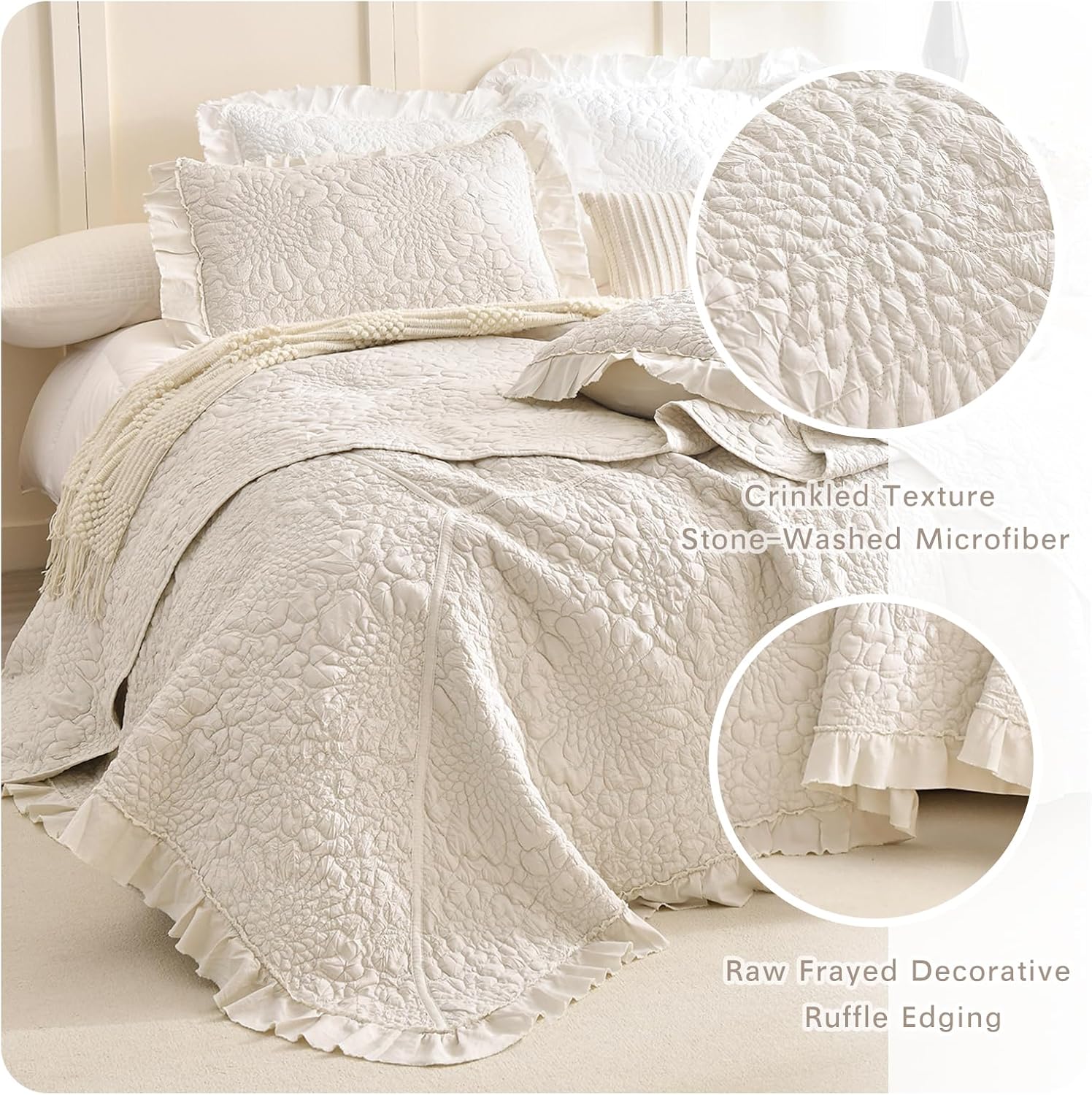 Lady Ann Wheat Quilt Sets Queen 102x118,Stone-Washed Lightweight Ruffle Coverlet, 3Pcs Quilted Crinkled Shabby Bedspread Set Farmhouse Rustic Bedding Set for All Season