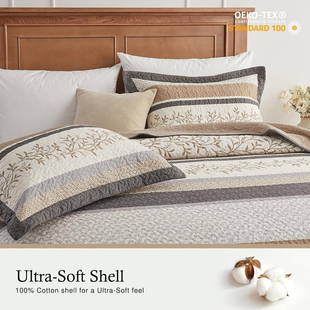 Farmhouse Oversized King Bedspread 128'x120' - 100% Cotton Lightweight California King Quilt Set, Reversible Botanical Striped Pattern Extra Wide Quilted Bedding Coverlet, 3 Pcs, Khaki/Gray