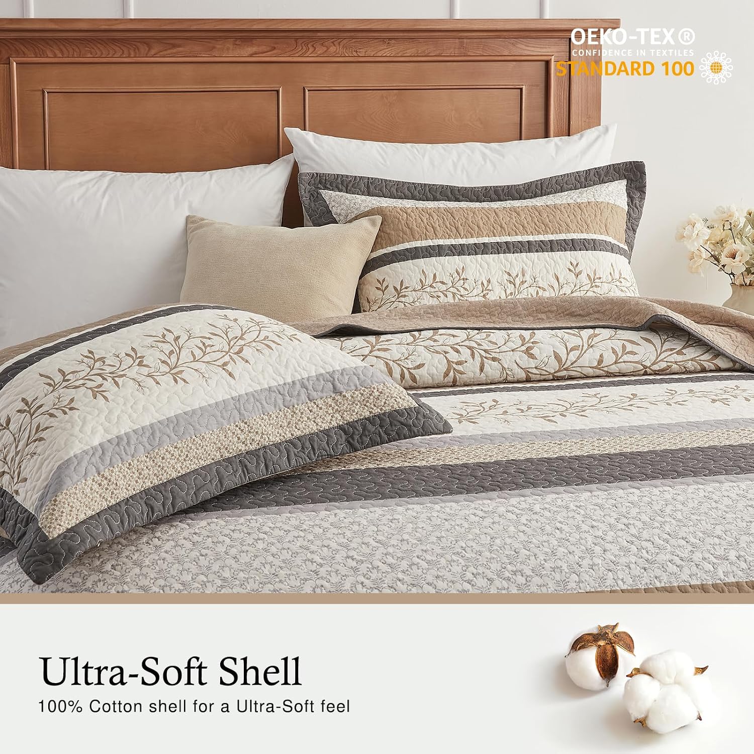 Farmhouse Oversized King Bedspread 128'x120' - 100% Cotton Lightweight California King Quilt Set, Reversible Botanical Striped Pattern Extra Wide Quilted Bedding Coverlet, 3 Pcs, Khaki/Gray