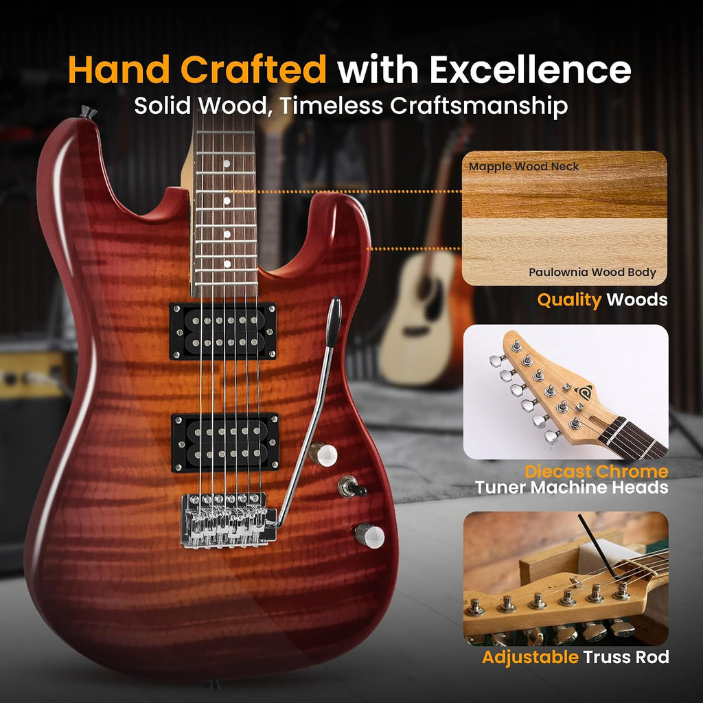 Pyle Electric Guitar Kit with Amp, Full Size Instrument with Humbucker Pickups, Guitarra Electrica Amplifier and Beginner Bundle Accessories, 39' Red