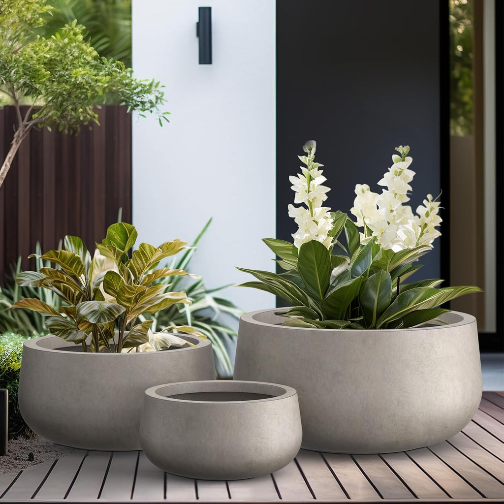Kante 19.6',15.7',11.8' Dia Round Concrete Planters Set of 3, Outdoor Indoor Large Plant Pots with Drainage Hole, Modern Curvaceous Design, Weathered Concrete