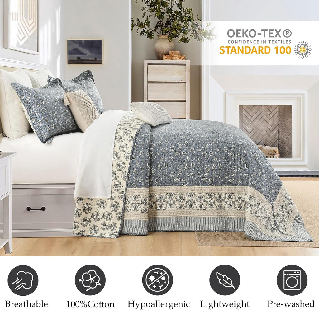 Floral Bedspread 128'x120' California King Bedspread, 100% Cotton XL Oversized King Quilt with 2 Pillowshams, Lightweight Botanical Quilted Bedspreads Coverlet Set, Blue/Gray/Beige, 3 Pcs