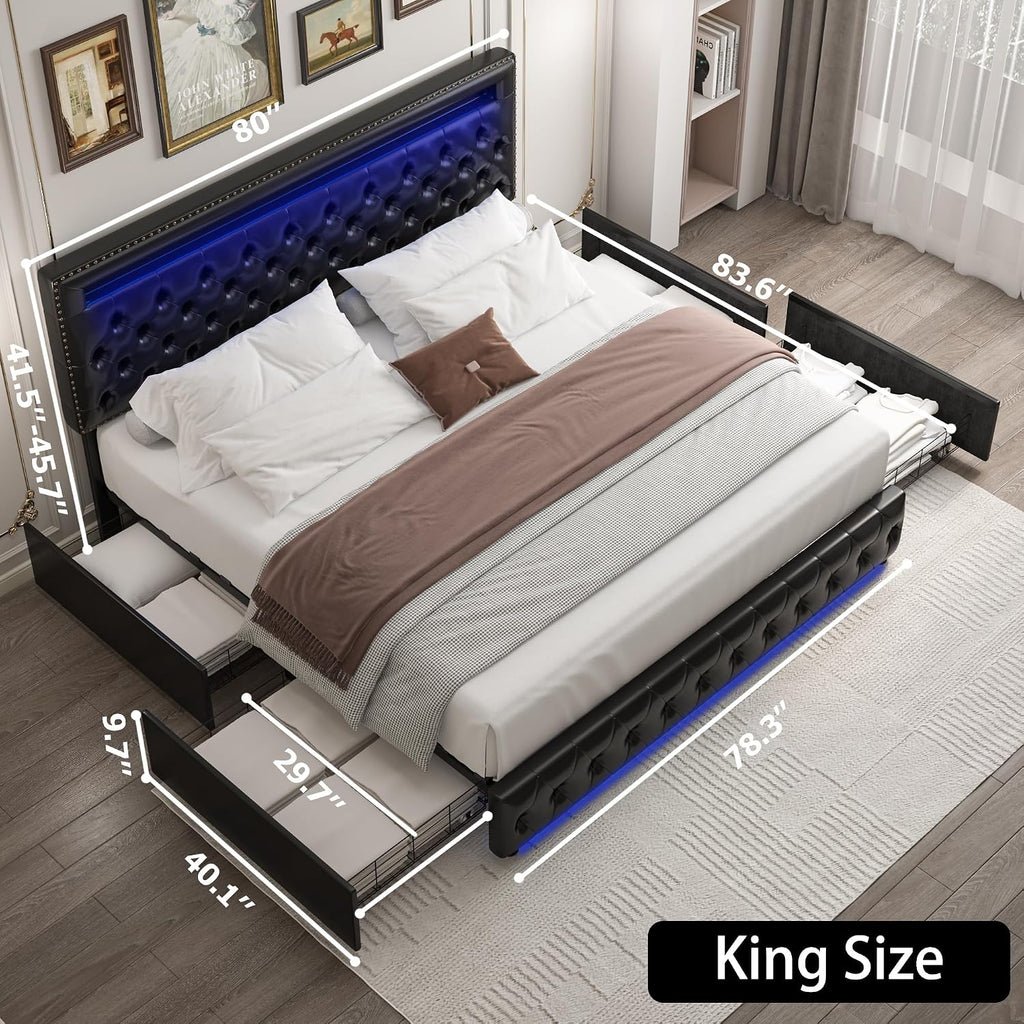 King LED Bed Frame with 4 Drawers, Platform Bed with Headboard, Adjustable Upholstered Diamond Headboard and Frame, No Box Spring Needed, Wooden Slats Support,PU Black