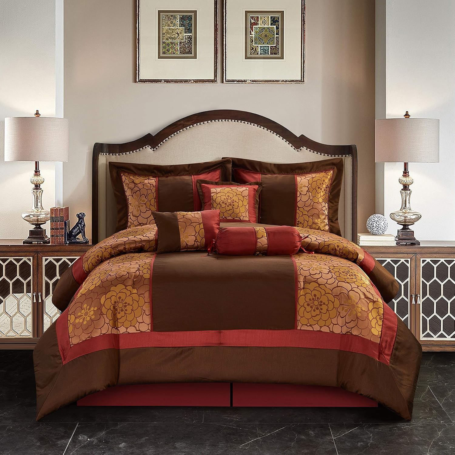 Grand Avenue Red/Brown Bed Comforter King Set, 7 Piece, All Season Premium Bedding Set, Bedskirt, Pillows & Shams, Ultra-Soft