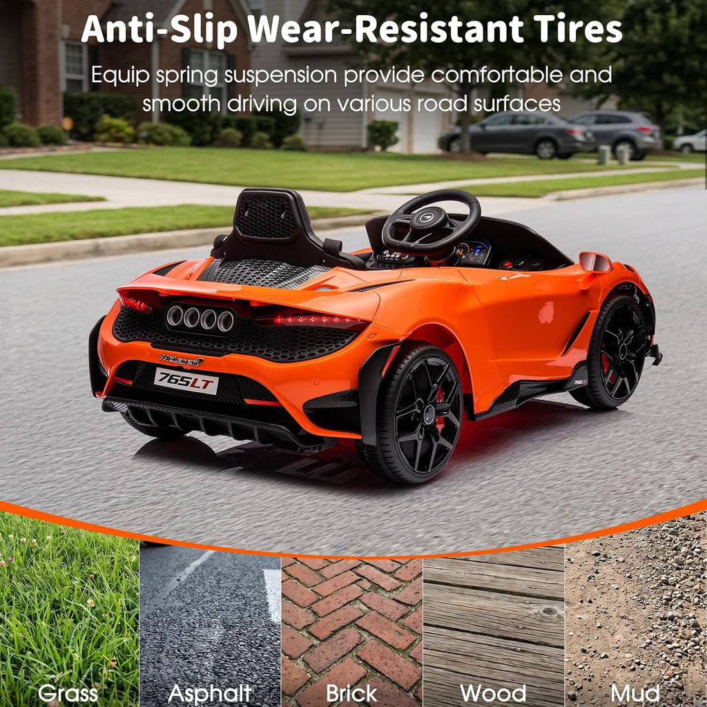 Kids Ride-on Car Licensed McLaren765LT for 3-6Years Old, Electric car 12V Battery Powered Electric Vehicle, w/Parent Remote, Music Player, LED Lights, Smooth Start, 3 Speeds, (Orange)