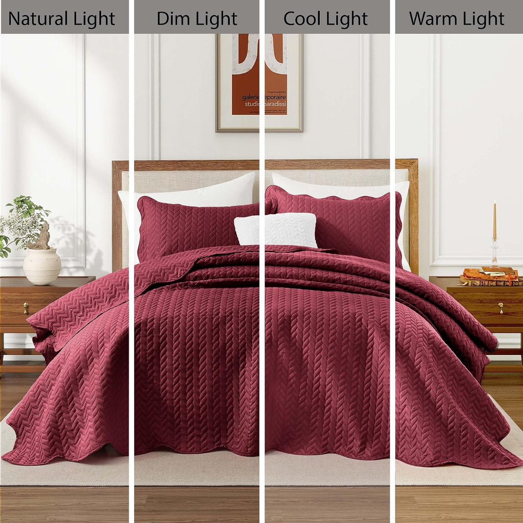 MOONLIGHT20015 Twin Quilt Bedding Set (68' x 86') - Bulk Pack of 10 Wholesale for Hotels, Guest Bedroom & Airbnbs - Lightweight Microfiber Reversible Embossed Quilts Bedspreads (Burgundy)