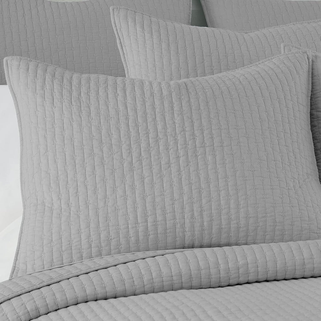 Levtex Home Cross Stitch Reversible King Bedspread Set (120x104in) with 2 Pillow Shams (36x20in) - Stitch Texture - Light Grey - Cotton King Size Bedspread Set - Soft, Pre-Washed