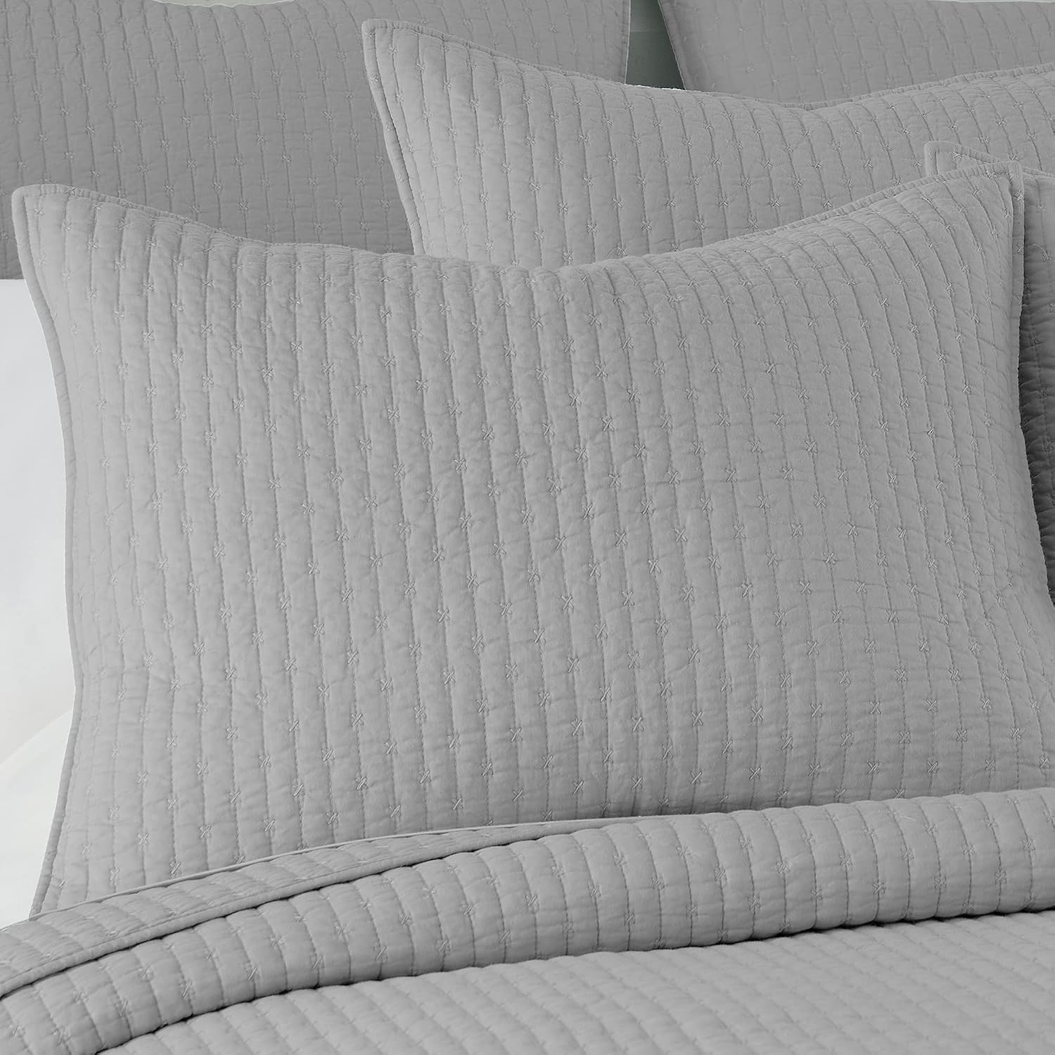 Levtex Home Cross Stitch Reversible King Bedspread Set (120x104in) with 2 Pillow Shams (36x20in) - Stitch Texture - Light Grey - Cotton King Size Bedspread Set - Soft, Pre-Washed