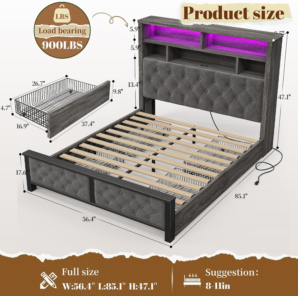 EnHomee Full Size Bed Frame with 4 Storage Drawers and Headboard Upholstered,Wooden Full Bed Frame with Charging Station and LED Light,NO Noise,No Box Spring Needed,Dark Gray