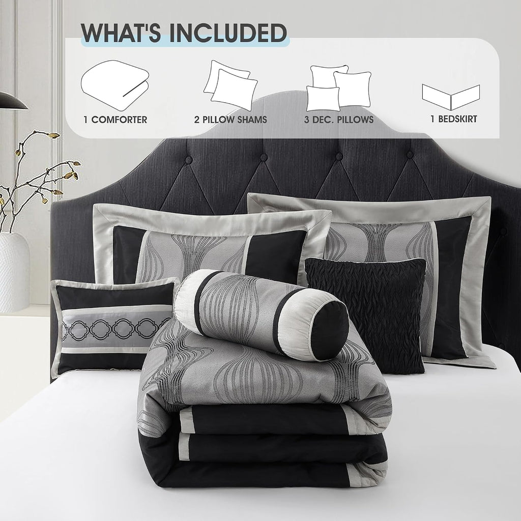 LANCO MODERN LIFESTYLE California King Comforter Set, Black Silver, 7 Pieces in a Bag, Jacquard with Solid Piecework, Luxury Bed Set with Comforters, Bed Skirt, Pillow Shams and Decorative Pillows