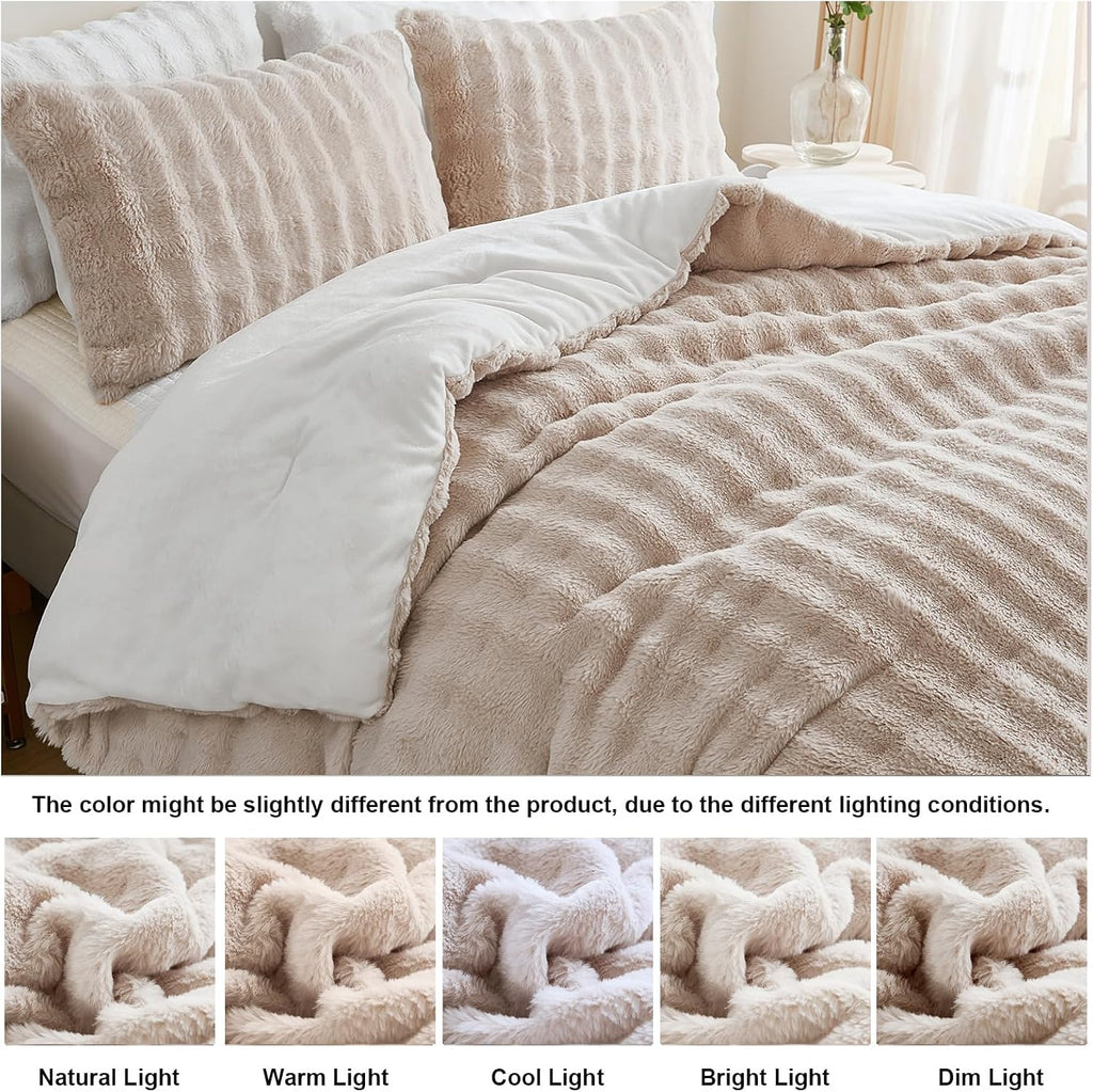 Bedbay Faux Fur Beige Bedding Comforter Set 3 Pieces Fuzzy Plush Comforter Set King Size Luxury Faux Rabbit Fur Bubble Bedding Soft Warm Shaggy Velvet Reversible Duvet Set for Girls Teen Adults