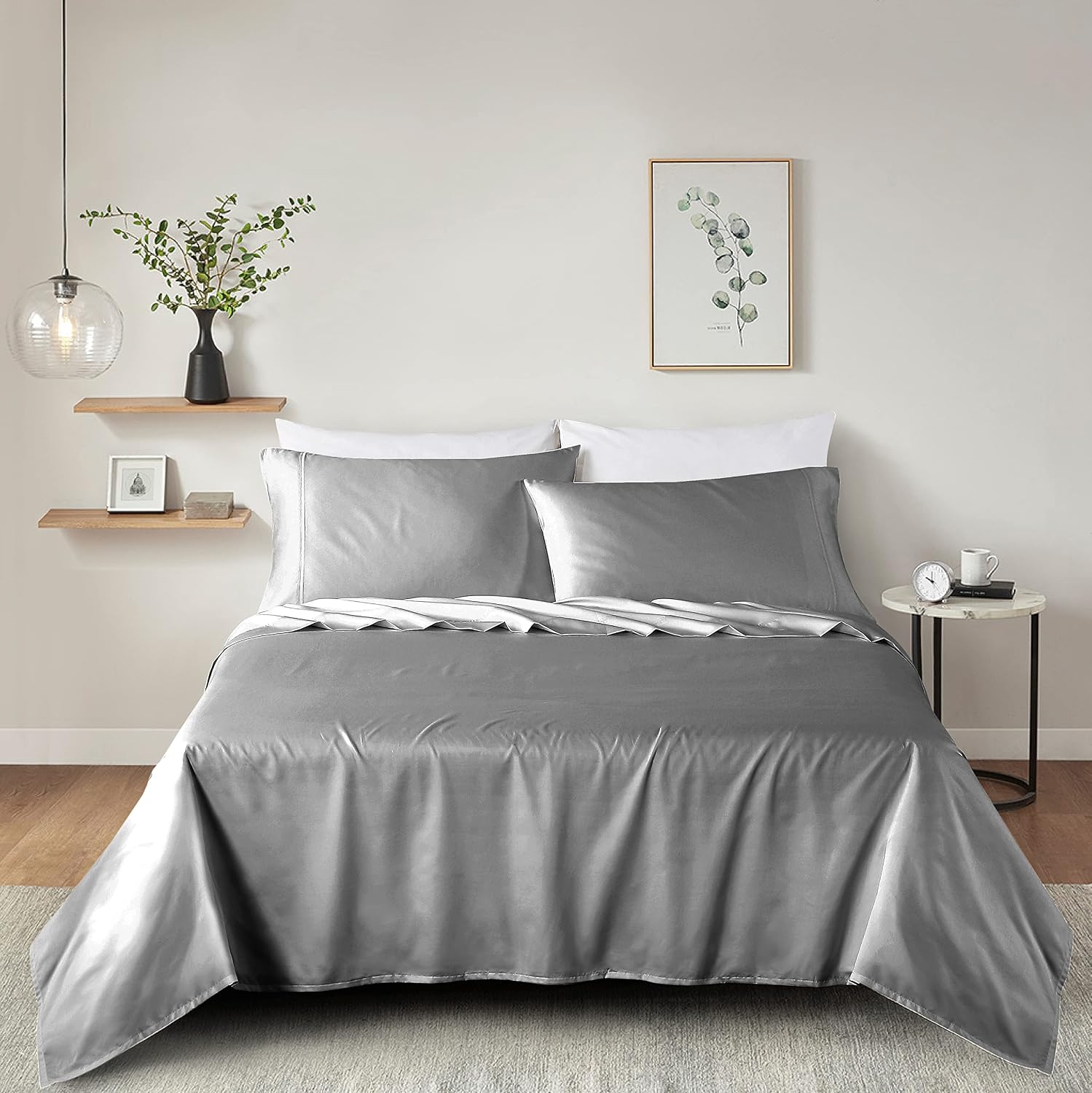 100% Supima Cotton Sheets 600 Thread Count,Bed Sheet Set Queen Size Sheets 4 Pieces, Soft & Silky Sateen Weave, Fits Mattress Up to 18'',Deep Pocket, Breathable & Fade Resistant(Grey,Queen)