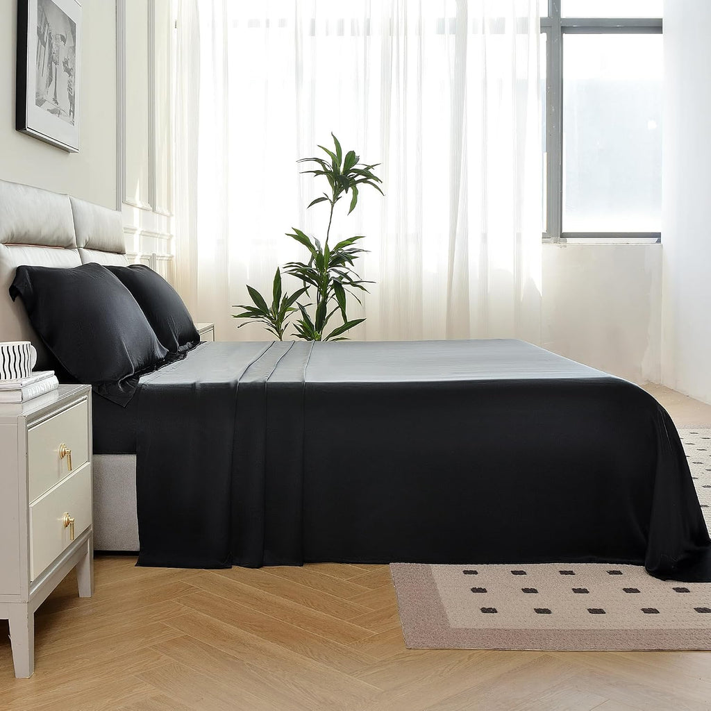 4 Pieces 100% Mulberry Silk Sheet Set Bed Sheets, 19 Momme Queen Size 6A Luxury Silk Bedding Set with Flat Sheet, Fitted Sheet & 2 Pillowcases (Queen, Black)