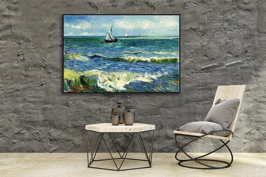 Wieco Art Extra Large Black Framed Canvas Prints Seascape at Saintes Maries by Vincent Van Gogh Modern ArtWork Sea Pictures on Canvas for Living Room Home Decorations