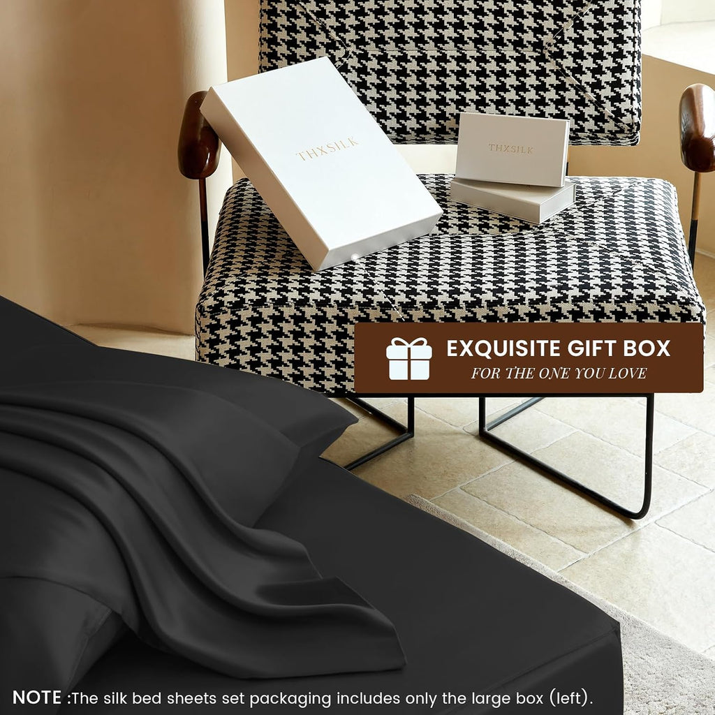 THXSILK Luxury Mulberry Silk Fitted Sheet Set 3 Pcs, Full Silk Bed Sheet Set with 16' Deep Pockets, Soft & Cooling Sheets, 1 Fitted Sheet, 2 Pillowcases with Zipper Closure - Black