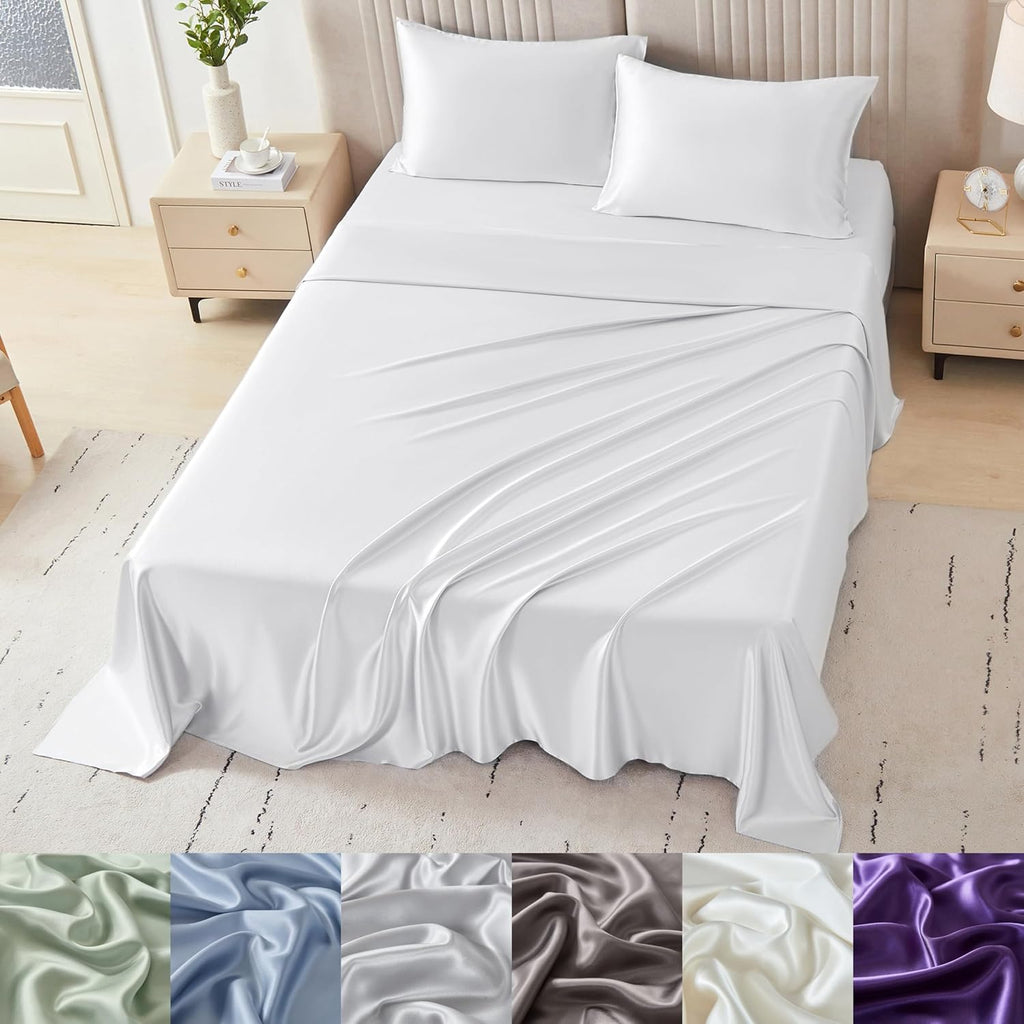 Mulberry Park Silks - 22 Momme 100% Mulberry Silk Sheets - Queen Size Bed Set - 16' Pocket - Luxurious Bed Sheets & Pillowcases, Skin-Friendly & Breathable - Charmeuse Silk for Hair Care - White