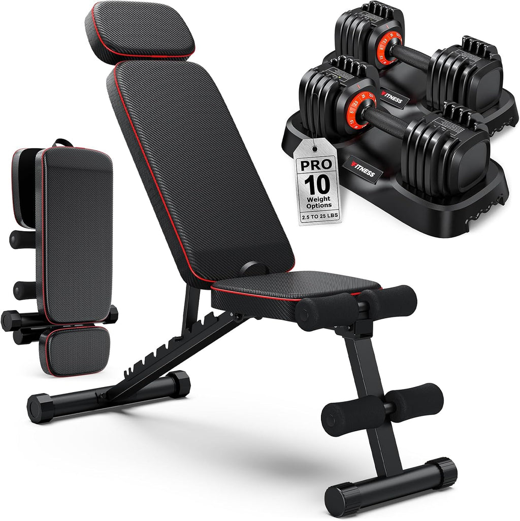 Adjustable Dumbbells Set of 2, 1 Hand Adjustable Weights Dumbbell Set and Workout Bench, 25/55/80lb Pair Weight Set For Home Gym Suit both Men and Women, Compact for Small Space Apartment Room