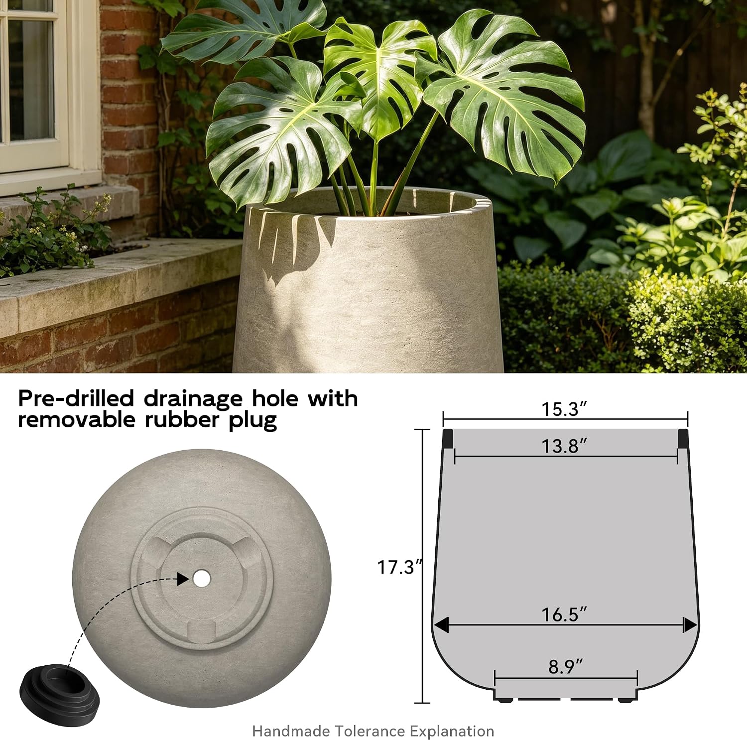 Kante 17.3' Tall Round Concrete Planter, Large Outdoor Plant Pot with Drainage Hole & Rubber Plug, Sturdy Weathered Beige Container for Trees, Patio Garden