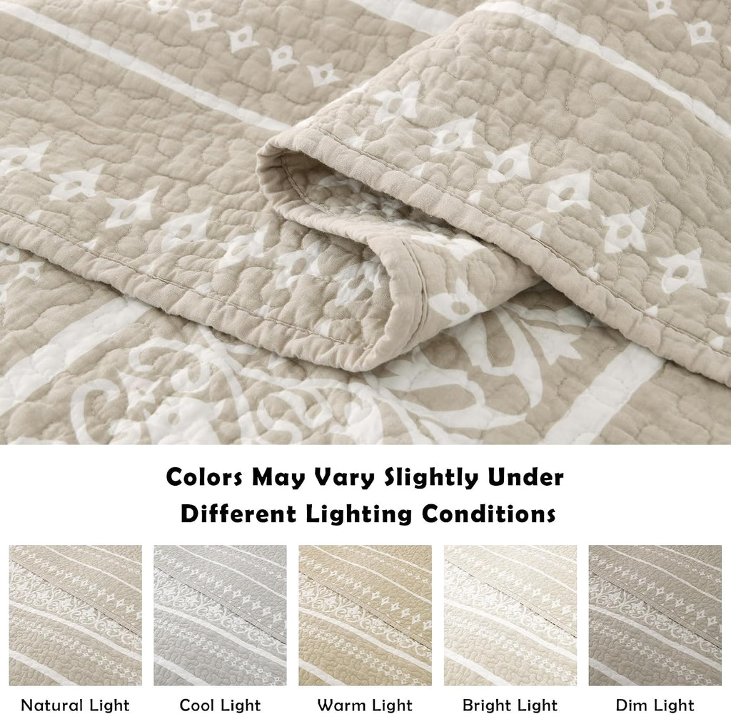 100% Cotton Quilt Set King Size - Beige and White Boho Quilt Bedding Set - Bohemian Striped Quilt Set with 2 Shams - All-Season Lightweight Coverlet & Bedspread 3 Piece