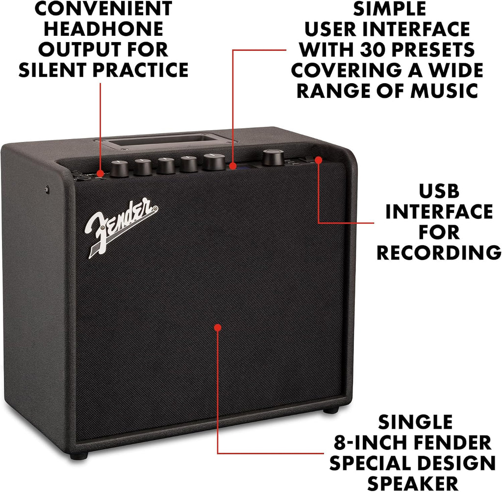 Fender Mustang LT25 Guitar Amplifier, 25-Watt Digital Modeling Combo Amp with 8' Speaker, 30 Presets, Color Display, USB & Headphone Output, with 2-Year Warranty