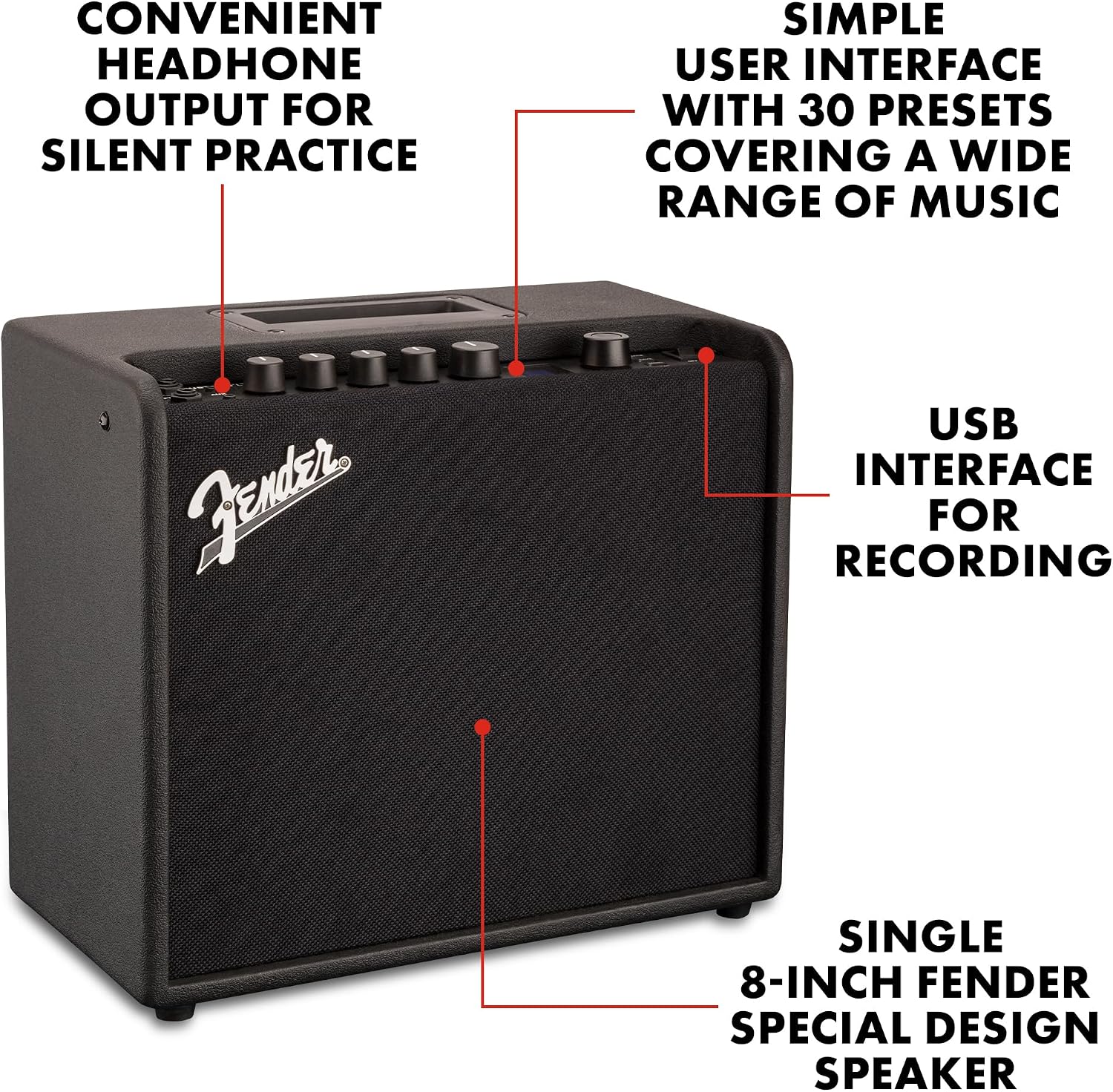 Fender Mustang LT25 Guitar Amplifier, 25-Watt Digital Modeling Combo Amp with 8' Speaker, 30 Presets, Color Display, USB & Headphone Output, with 2-Year Warranty