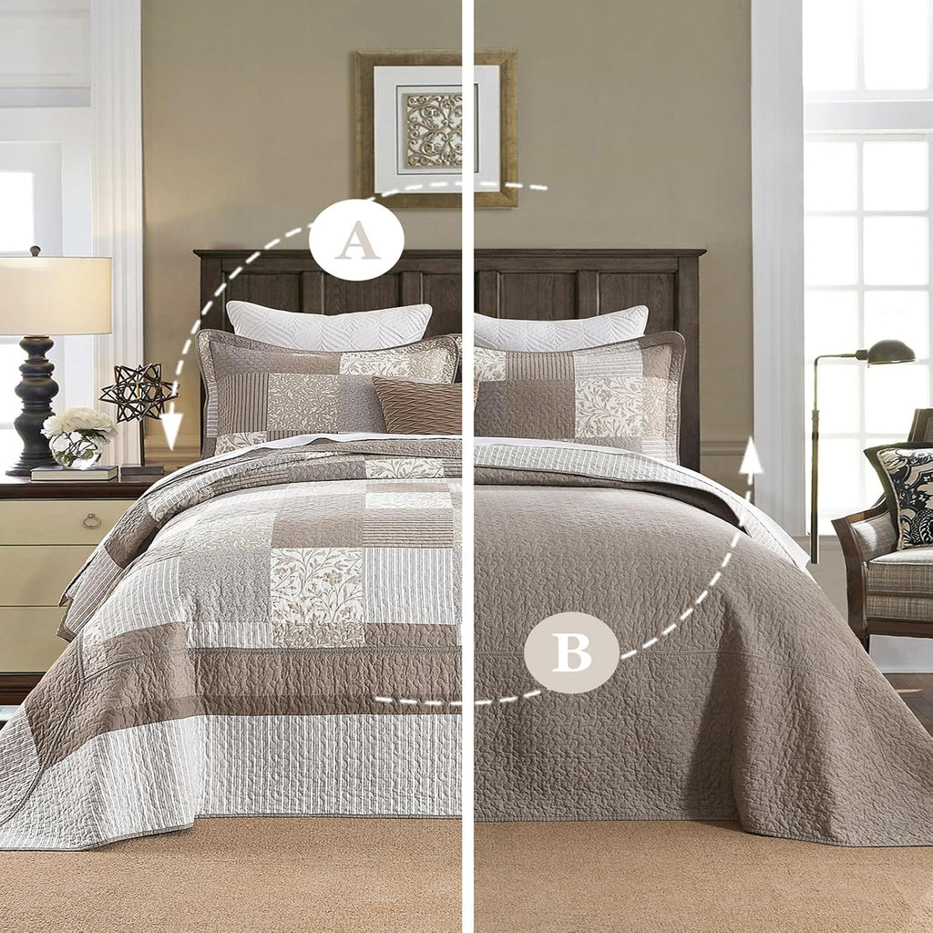 Plaid Bedspread 128'x120' Oversized California King Bedspread, 100% Cotton XL Oversized King Quilt, Lightweight Farmhouse Quilted Bedspreads Coverlet Set, Gray/Beige/Brown, 3 Pcs