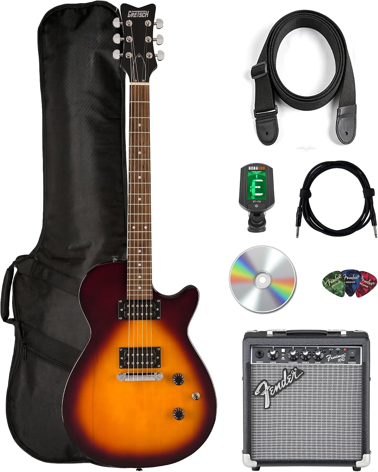 Gretsch Ignite Jet Club Electric Guitar - Duo-Tone Burst Bundle with Frontman 10G Amplifier, Gig Bag, Tuner, Strap, Instrument Cable, Picks, and Austin Bazaar Instructional DVD