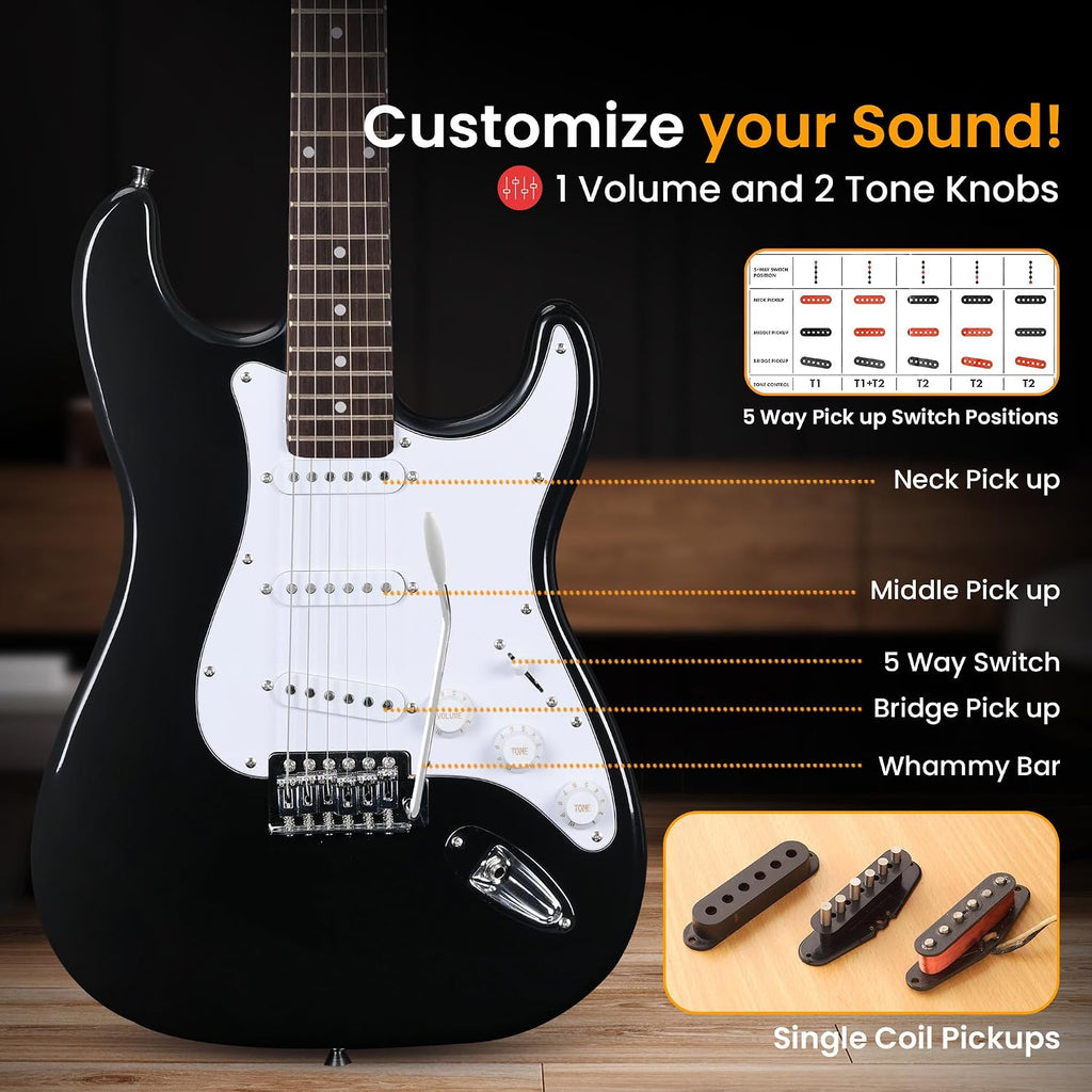 Pyle Electric Guitar and Amp Kit - Full Size 39' Complete Starter Kit with Wearable Bluetooth Amplifier, 1/4' Cable, Carry Case, Strap, Strings, Picks, Cleaning Cloth, ST-Style Pickups (Black)