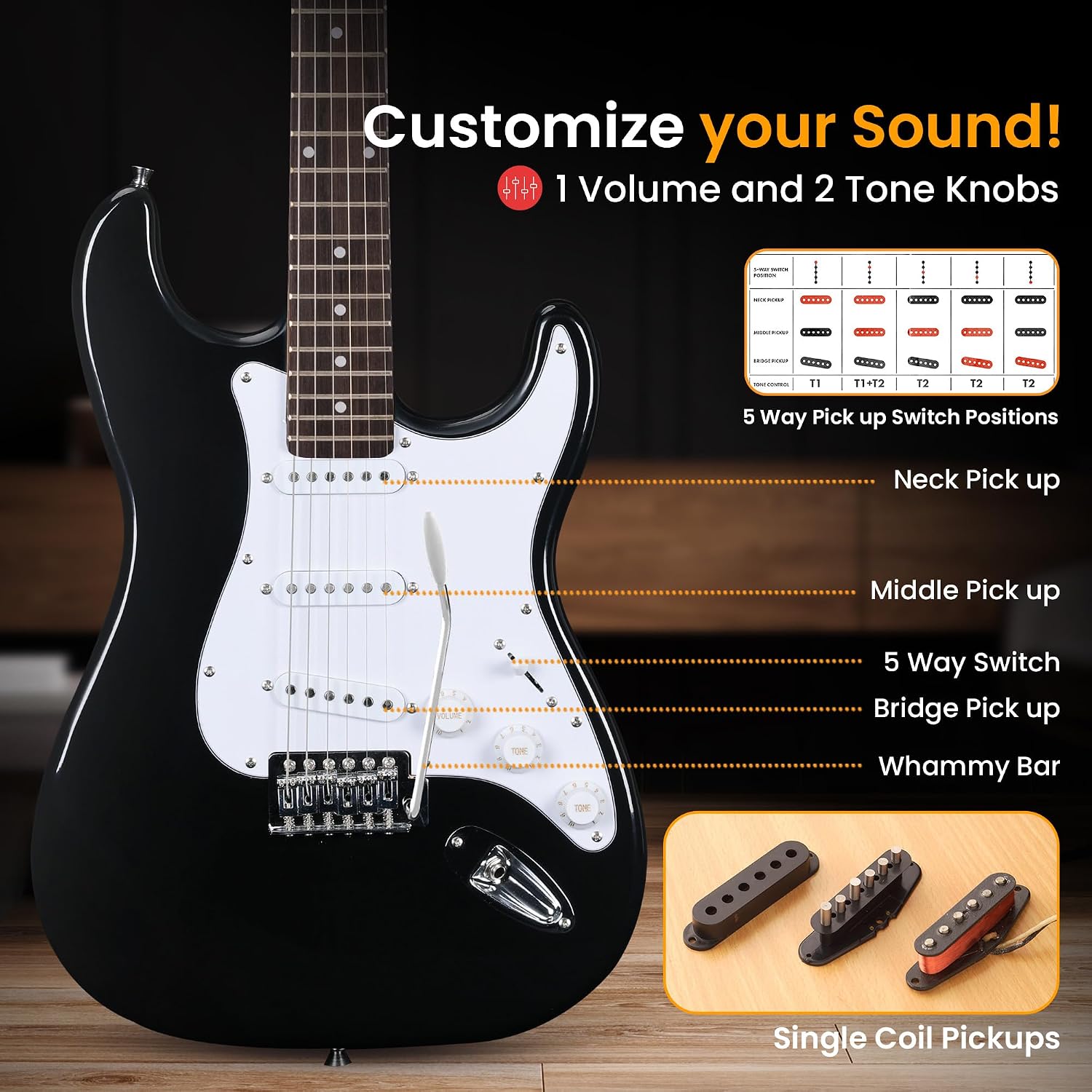 Pyle Electric Guitar and Amp Kit - Full Size 39' Complete Starter Kit with Wearable Bluetooth Amplifier, 1/4' Cable, Carry Case, Strap, Strings, Picks, Cleaning Cloth, ST-Style Pickups (Black)