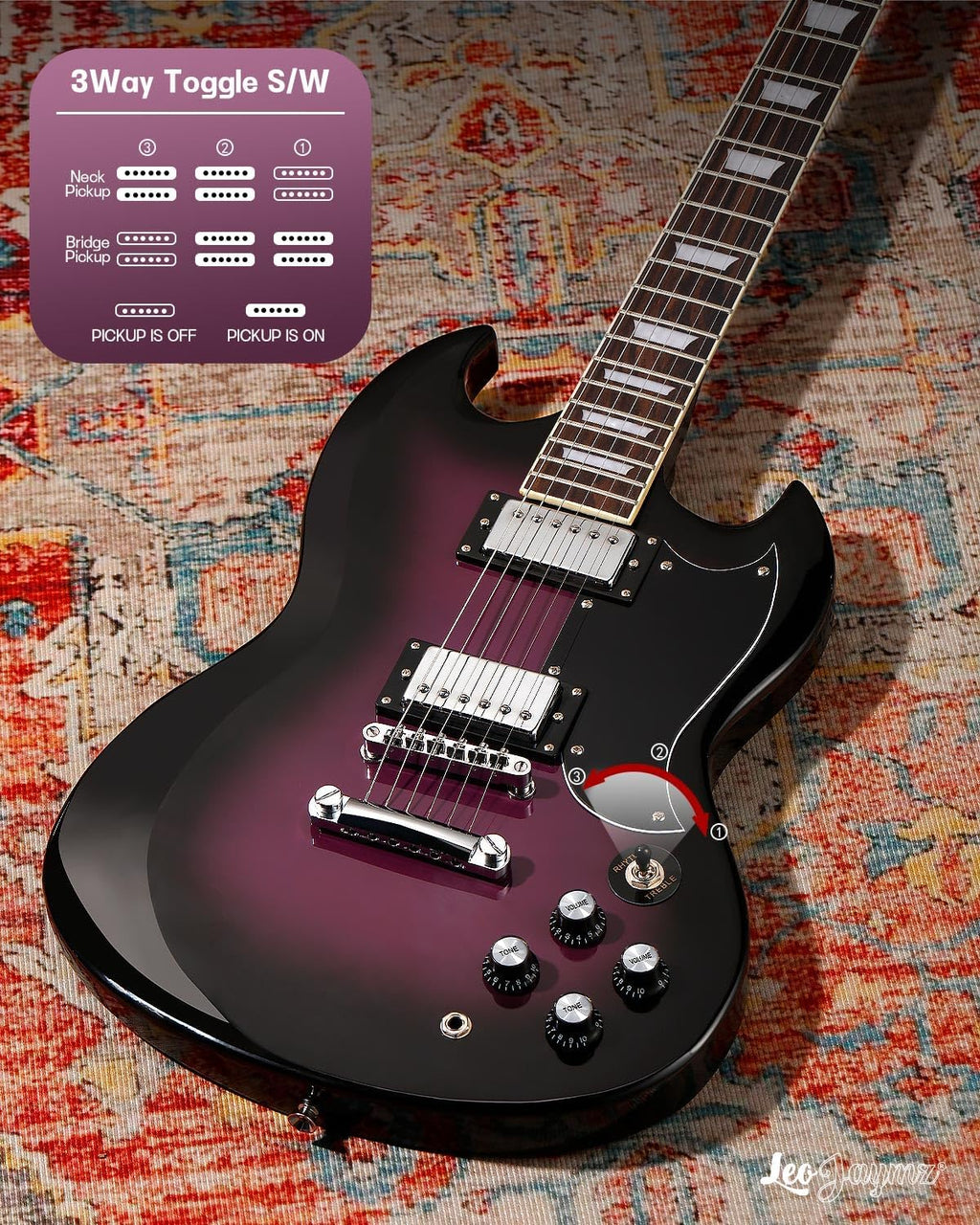 Leo Jaymz 39 Inch Solid Body Electric Guitar - Poplar Wood Body，Maple Neck and Laurel Wood Fretboard (Purple Burst)