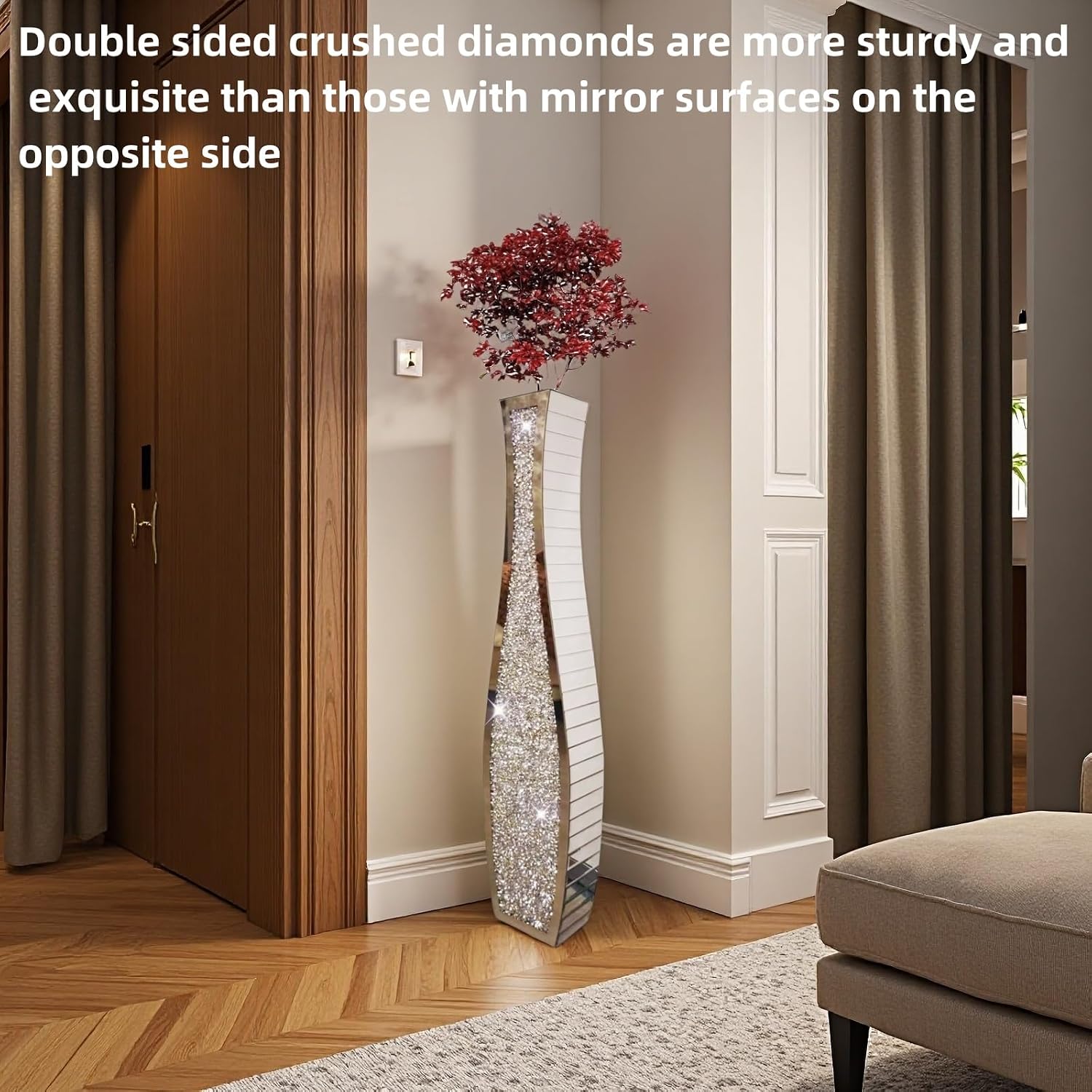 36' Extra Tall Double Sided Crushed Diamond Vases, Mirrored Silver Vase,Floor Vases Decorative Tall, Large Decorative Vase for Home,Office,Hotel Decor(7.72' L x4.33 W x 36' H)