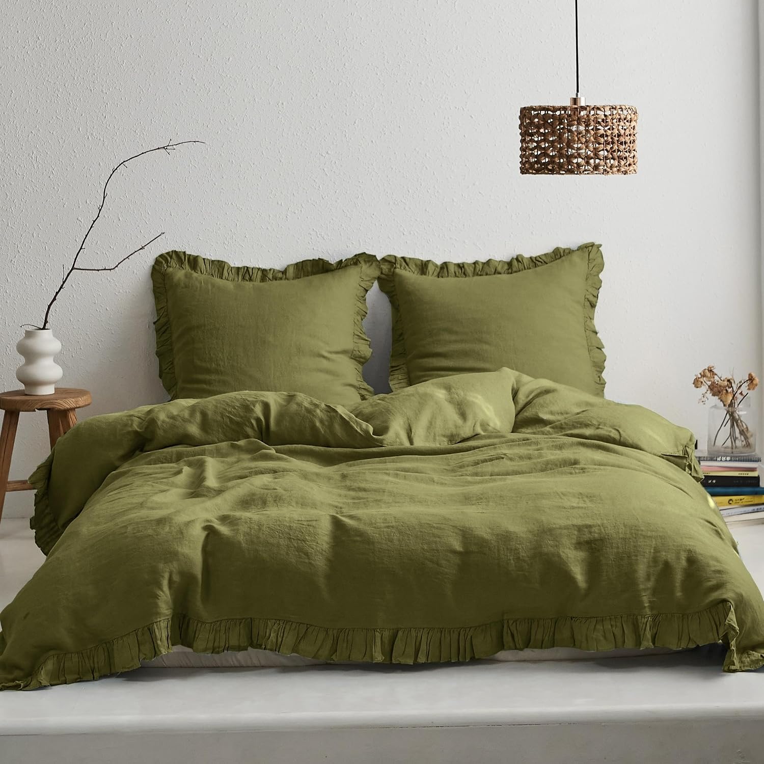 Simple&Opulence 100% Linen Duvet Cover Set, 3 PCS Natural French Flax Ruffle Duvet Cover King Size, Breathable Comfy Linen Bedding Comforter Cover with 2 Pillowcases (Olive Green, 104' X 92')